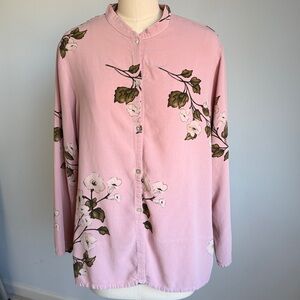 Vintage Amanda Gray Floral Pink Button Down Women's Blouse SZL